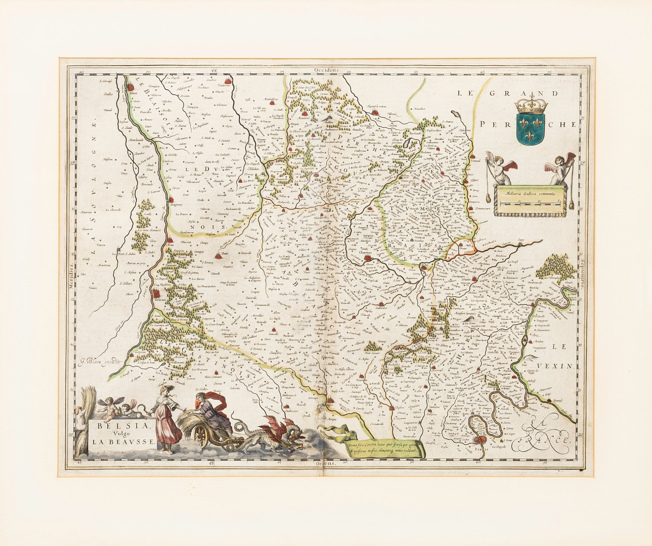 JOAN BLAEU. "Belsia, vulgo La Beausse," , graverad och handkolorerad karta över Loiredalen, samt latinsk text verso. ca 1646-57.