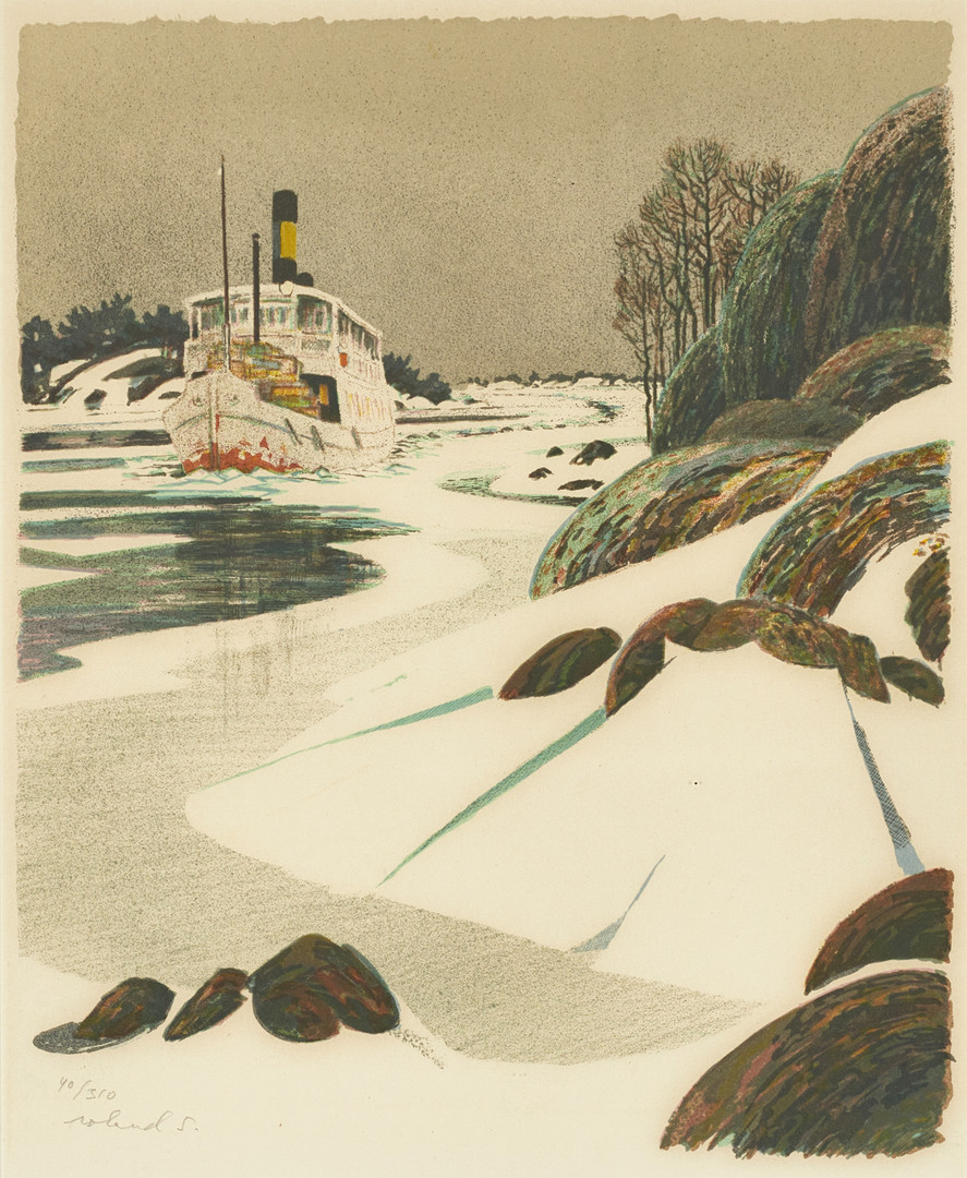 ROLAND SVENSSON (1910-2003). "Menföresbåten", signerad och numrerad roland S. 40/350, färglitografi.