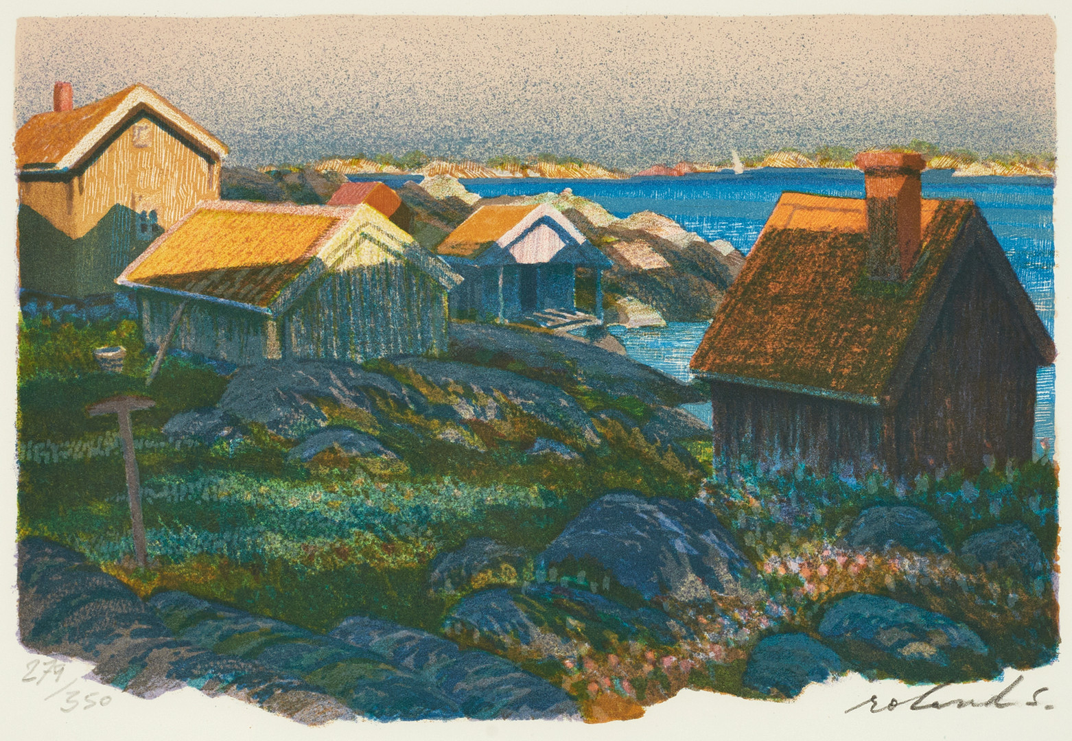 ROLAND SVENSSON (1910-2003). "Sommarkväll i storskärgården", signerad och numrerad 279/350, färglitografi.