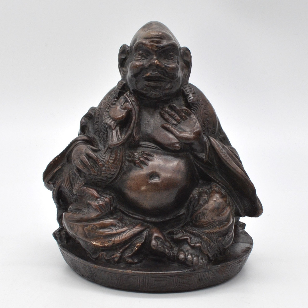 BUDDHA-MAITREYA, SKULPTUR, STEIN, HANDARBEIT, UM 1950 VIETNAM, MONOGRAMMIERT MR.