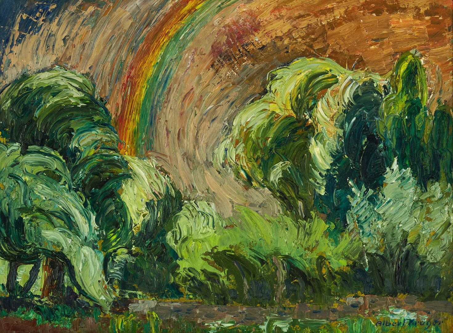 ALBERT KRÜGER (Sverige, 1885-1965), Regnbåge, "Efter oväder Öland", signerad och daterad 1951, olja på pannå.