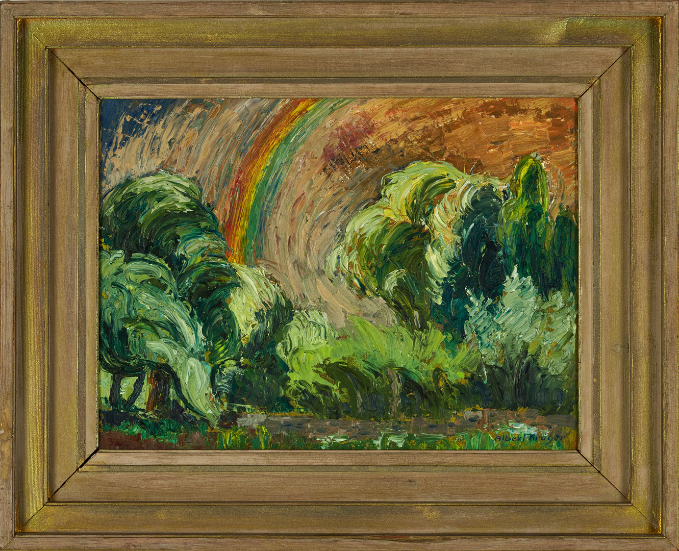 ALBERT KRÜGER (Sverige, 1885-1965), Regnbåge, "Efter oväder Öland", signerad och daterad 1951, olja på pannå.
