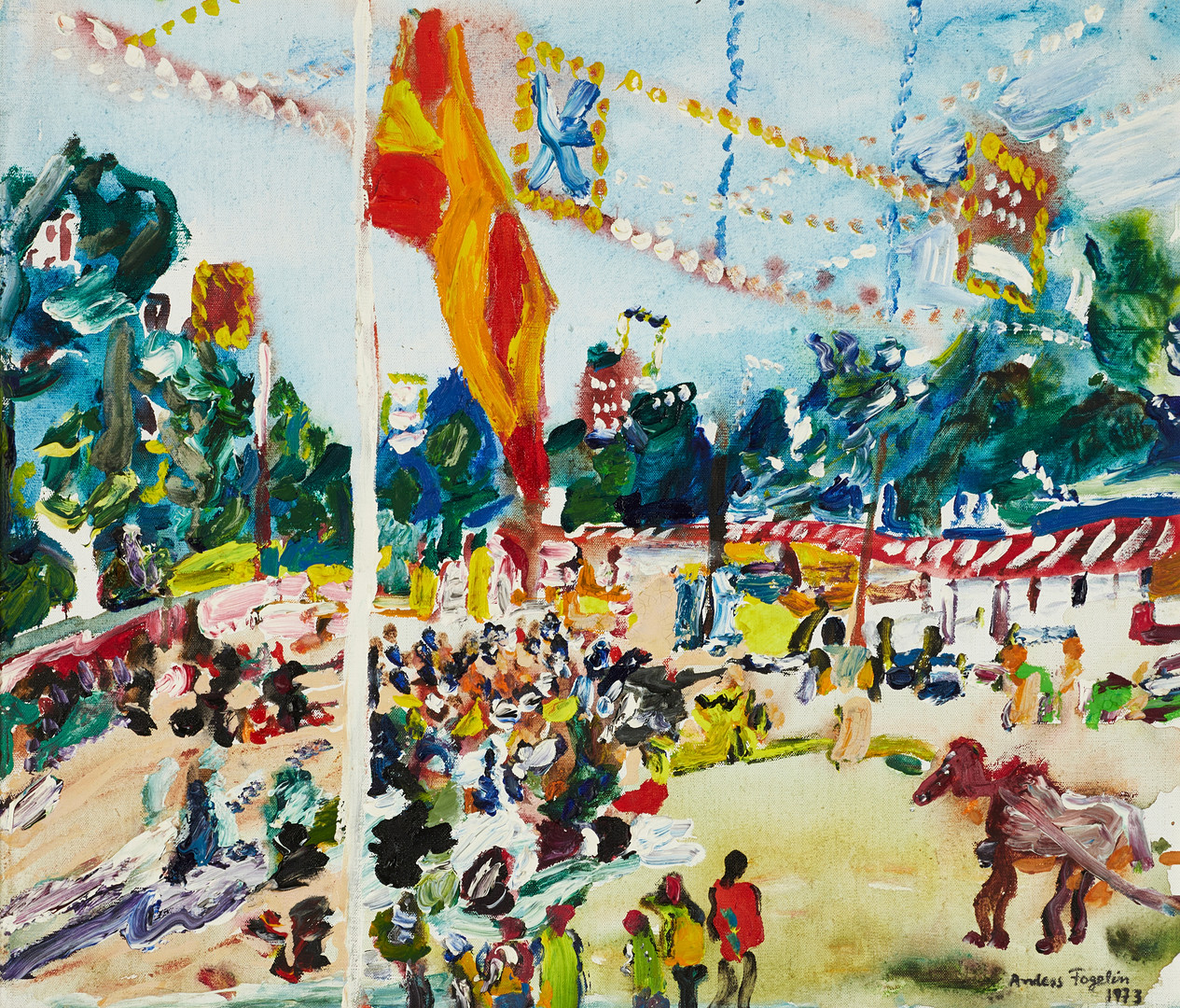 ANDERS FOGELIN (1933-1982). Tivoli, signerad och daterad 1973, olja på duk, uppfodrad på pannå.