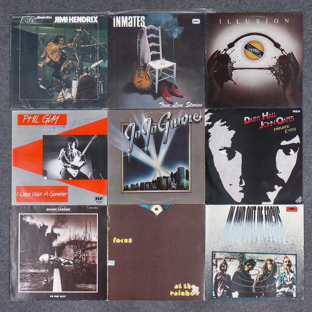 9 LP-SKIVOR, JIMI HENDRIX, GOLDEN EARRING, FOCUS, DARYL HALL & JOHN OATES, JO JO GUNNE, ISOTOPE, THE INMATES.