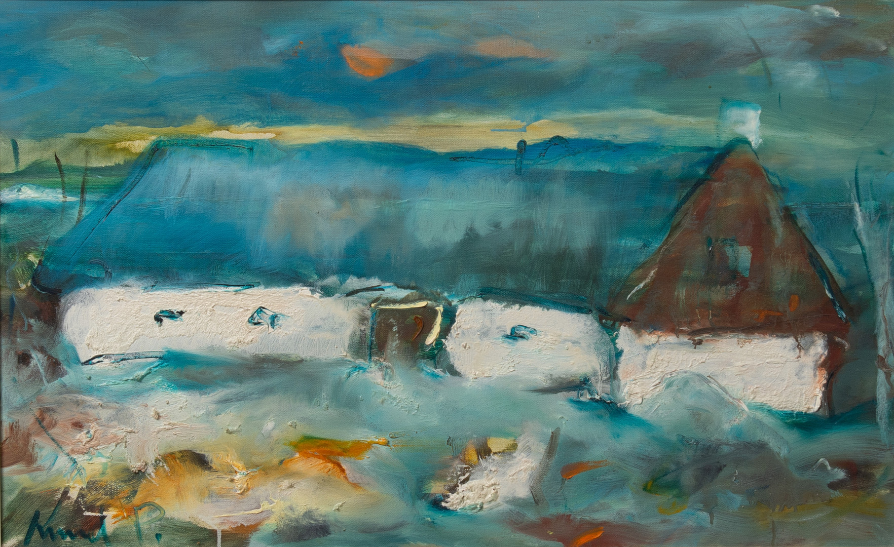 KNUD PETERSEN. (f. 1929) Olie på lærred. Landskab med gård. Signeret. Danmark, 1970.