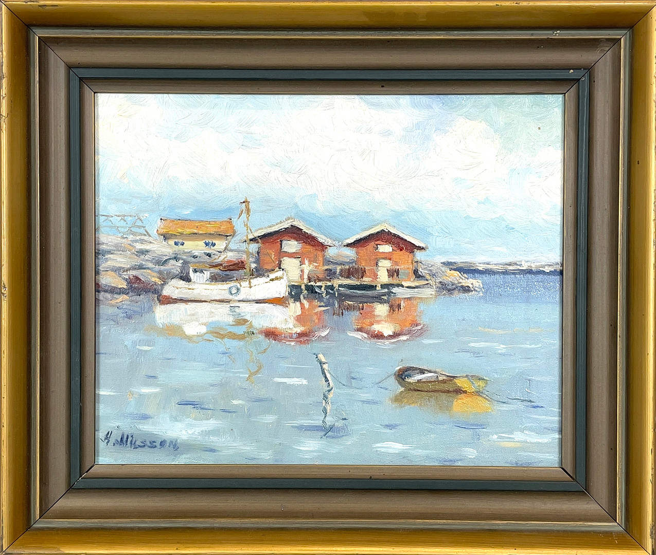ALGOT NILSSON, olja på duk, Fiskebåt i hamn, signerad A. Nilsson.