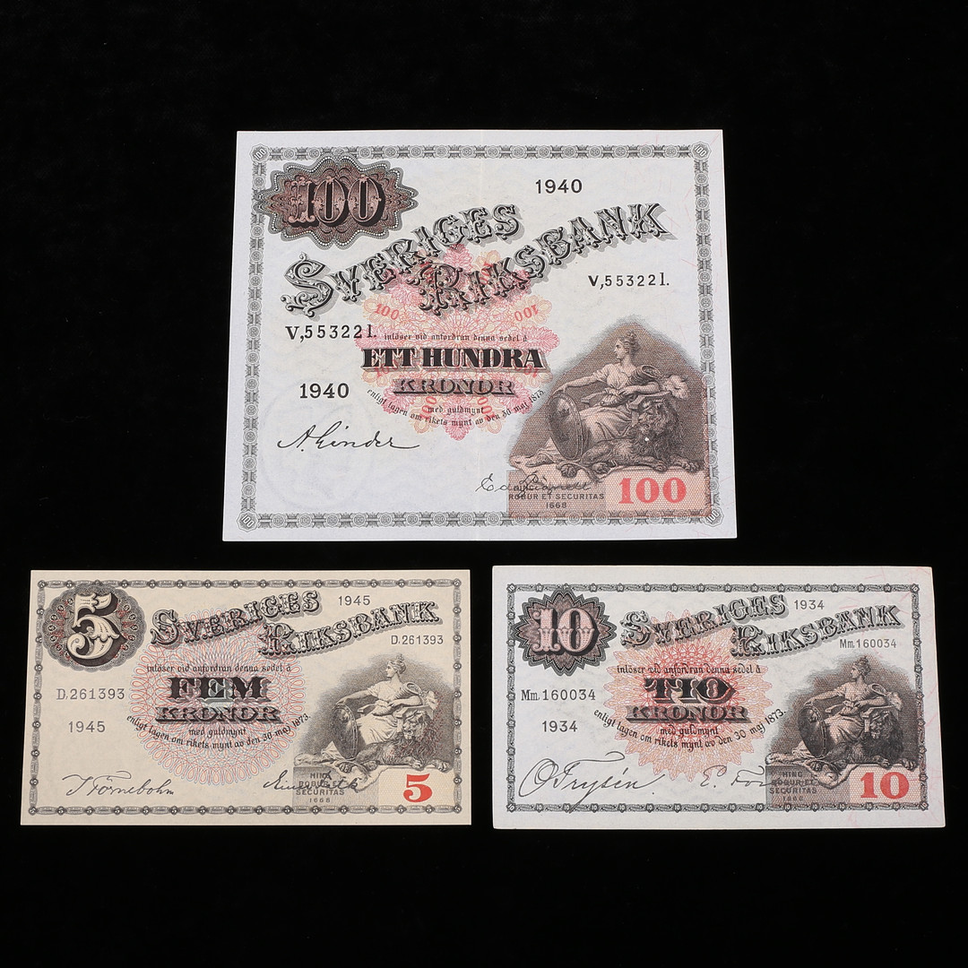 SEDLAR, 3 st, Sverige, 1934-1945.