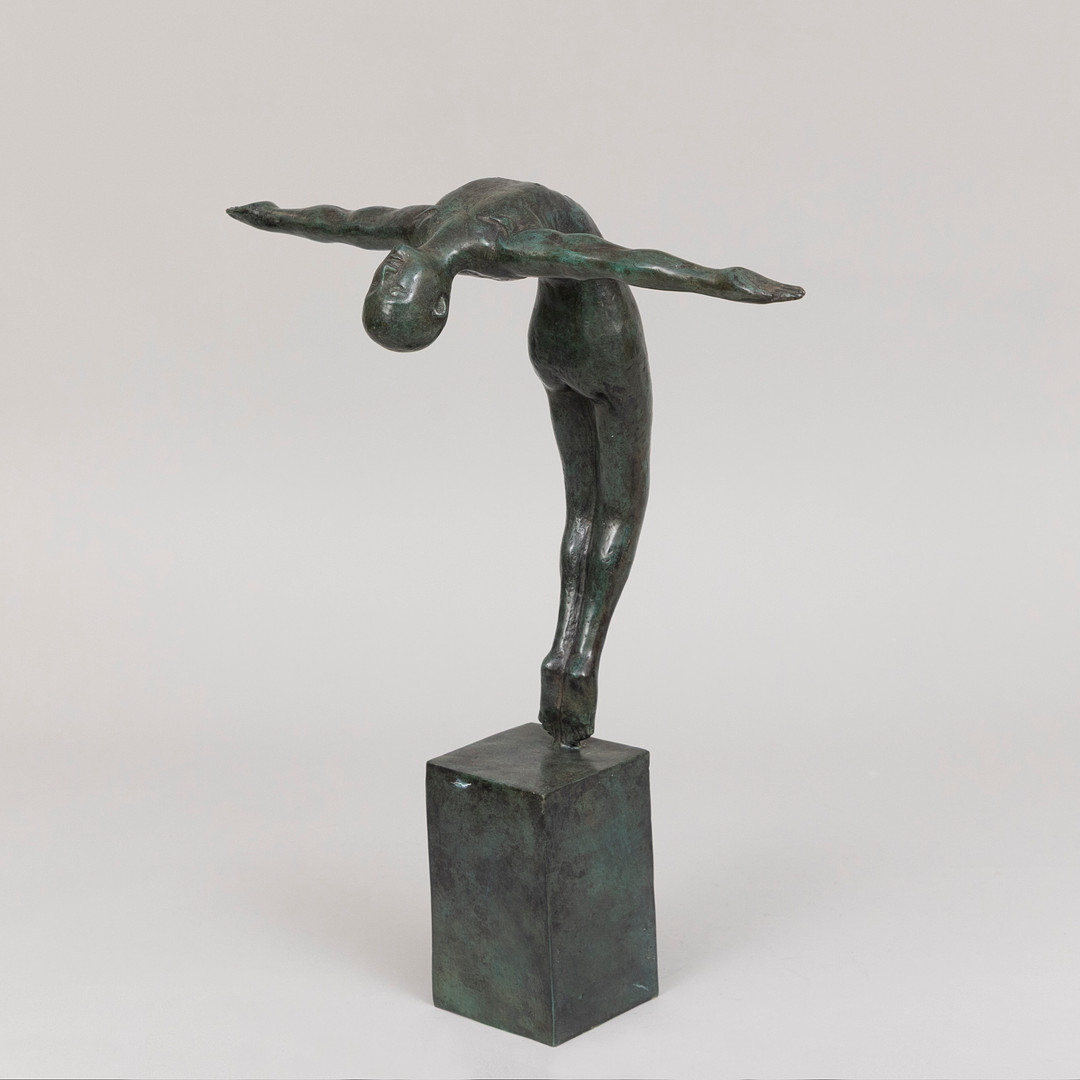 SKULPTUR, Simhoppare, grönpatinerad brons, Art People Gallery, Sweden, stämplad A P G.