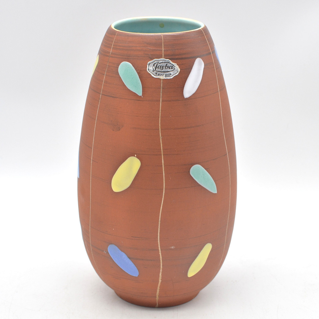 JASBA KERAMIK, DESIGNERVASE, HANDBEMALT, DEUTSCHLAND, UM 1950, MIT STUDIOETIKETT.