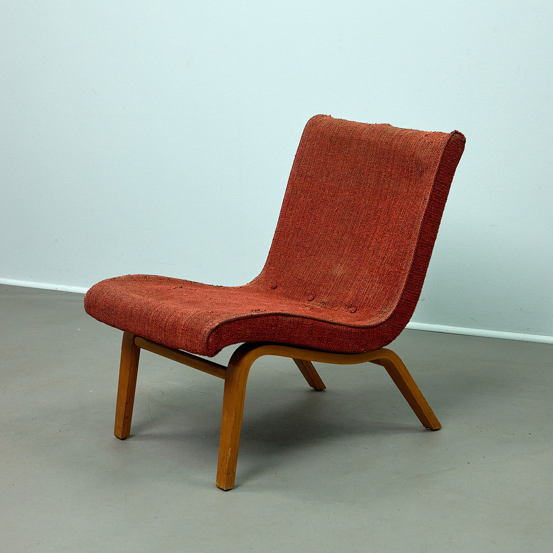 HARTMUT LOHMEYER. für Pforzheimer Möbelwerkstätten (PMW). Lounge Chair / Sessel, Holz und Stoff, 1950er Jahre, Deutschland.