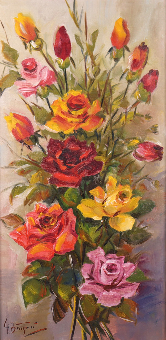 OIDENTIFIERAD KONSTNÄR. olja på duk, blomsterstilleben.