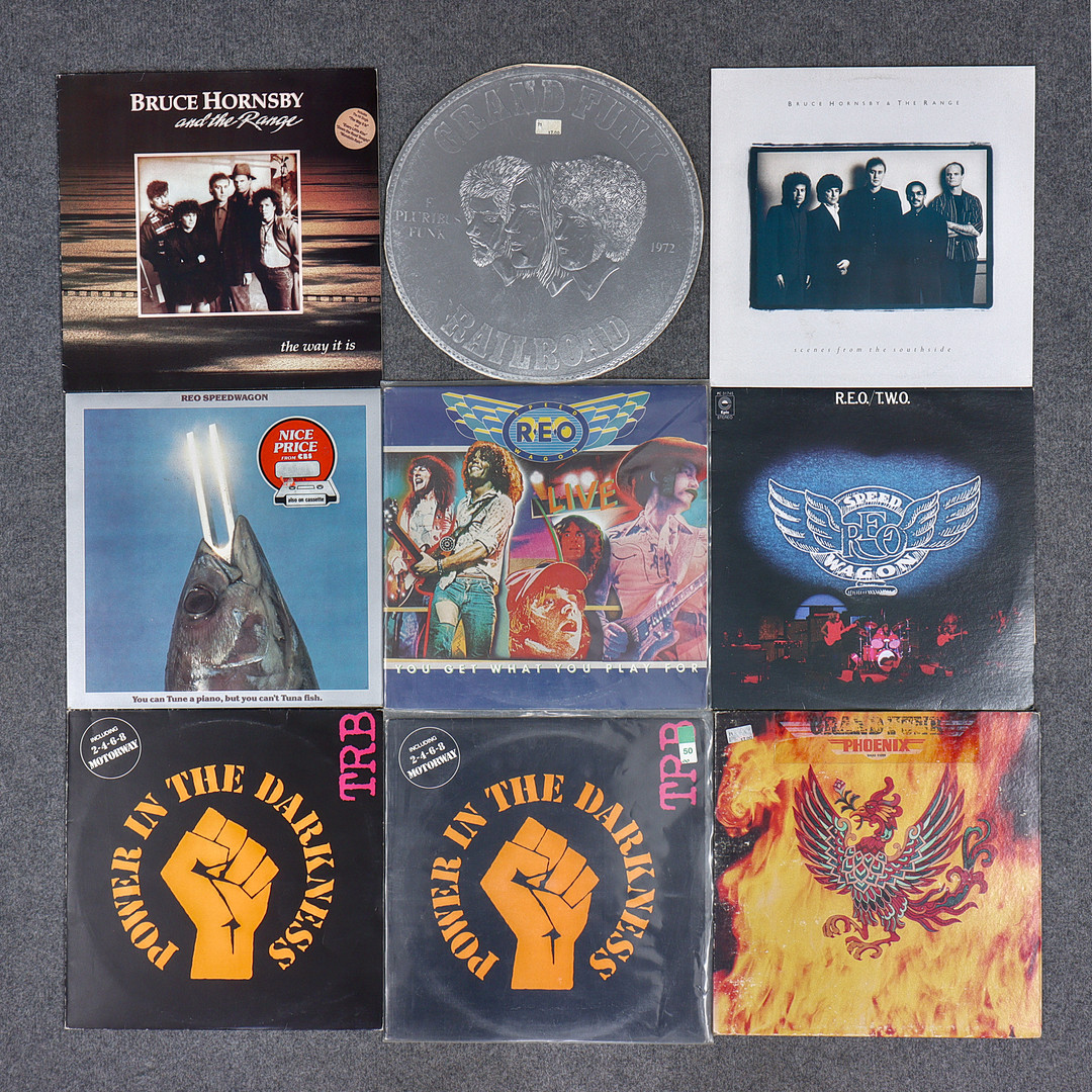 9 LP-SKIVOR, GRAND FUNK, TOM ROBINSON BAND, R.E.O SPEEDWAGON, BRUCE HORNSBY & THE RANGE.