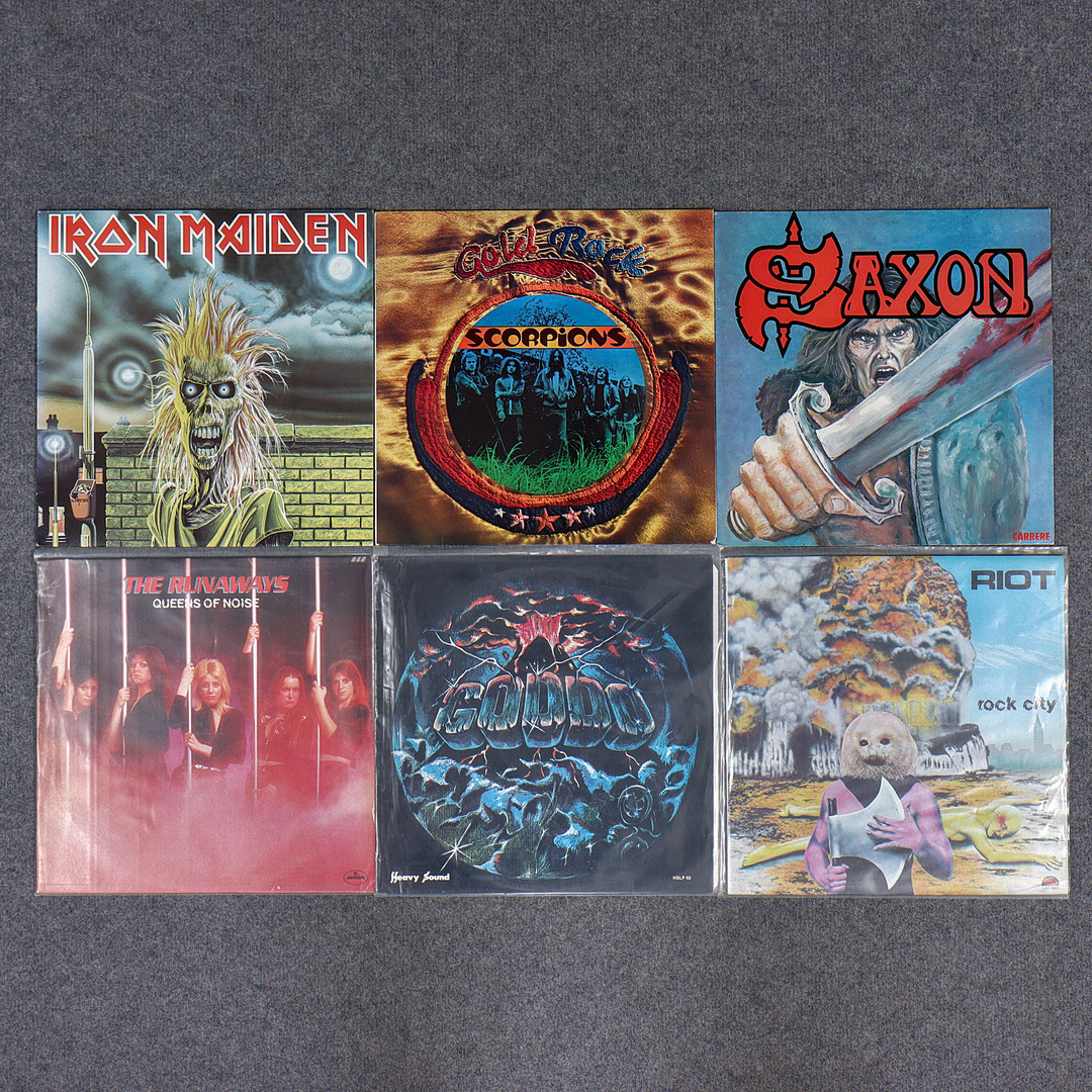 6 LP-SKIVOR, IRON MAIDEN, SCORPIONS, GODDO, SAXON, RUNAWAYS, RIOT.
