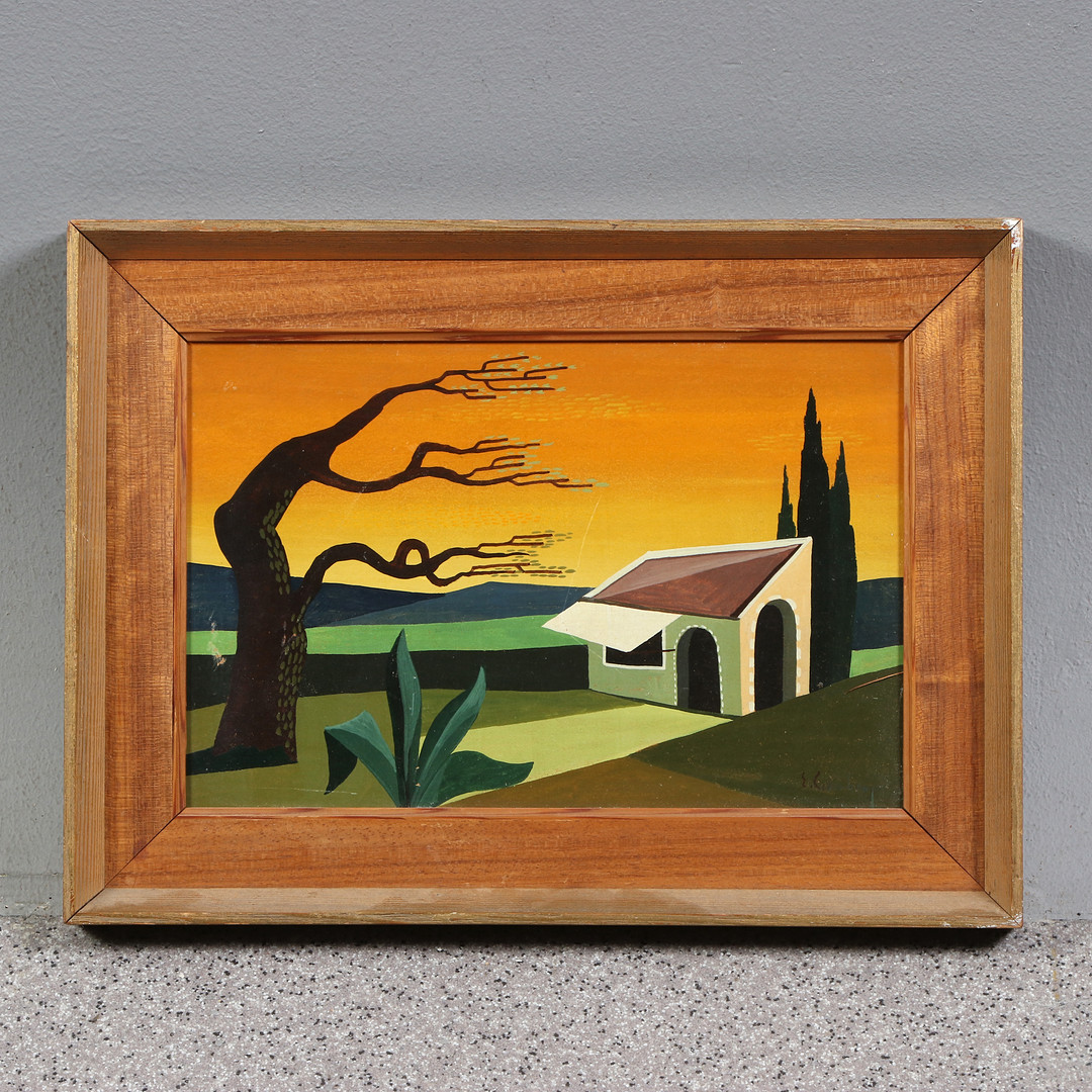ERIC CEDERBERG. Tempera. Hus i landskap. Signerad.