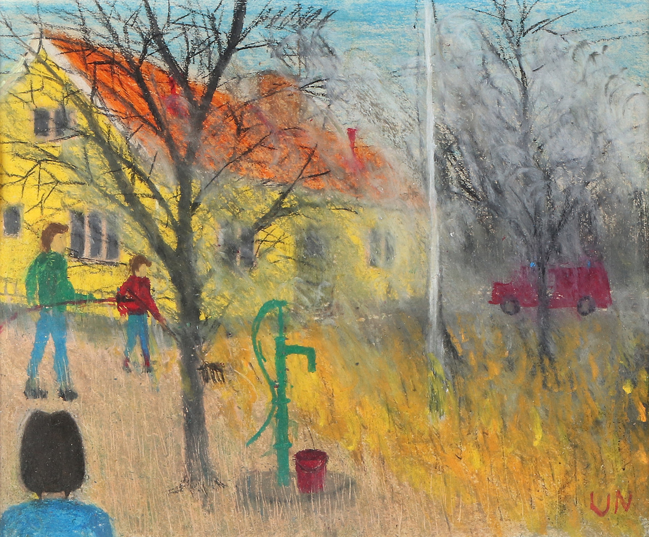 VERA NILSSON. Pastell. Figurer i trädgård. Signerad VN.