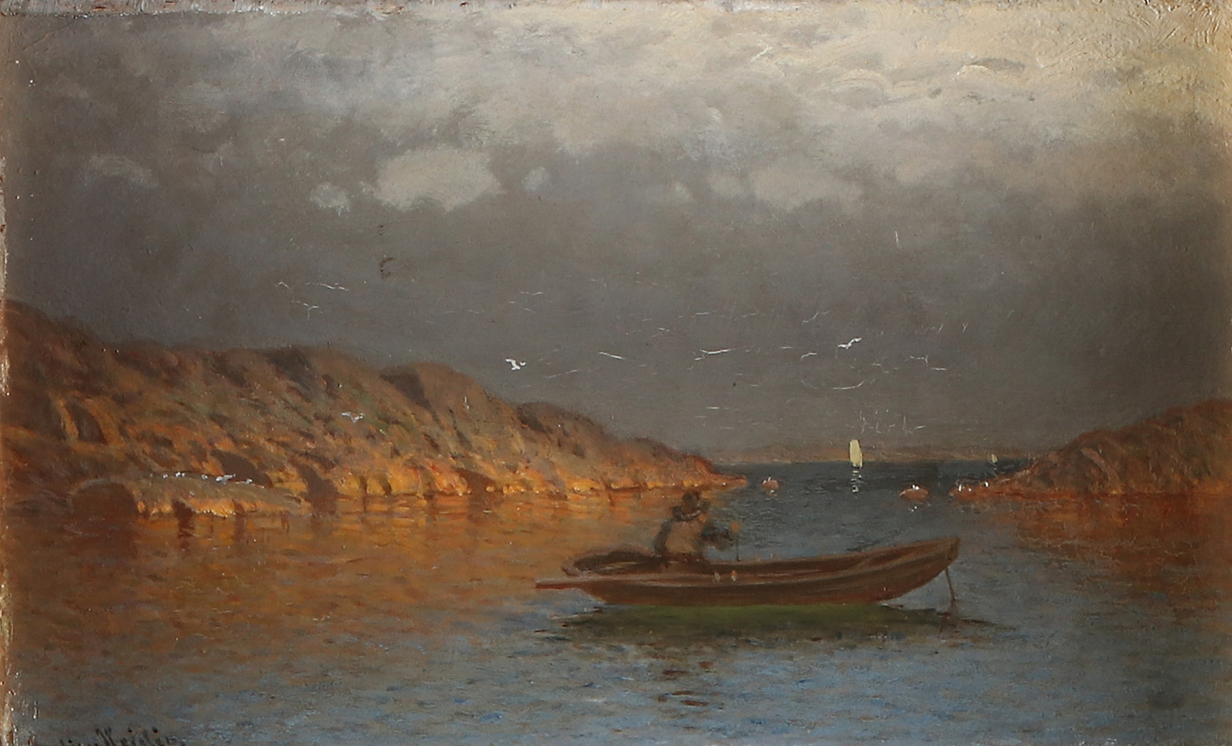 JULIUS WEIDIG. Oljemålning på pannå. Kustlandskap med fiskare. Signerad.