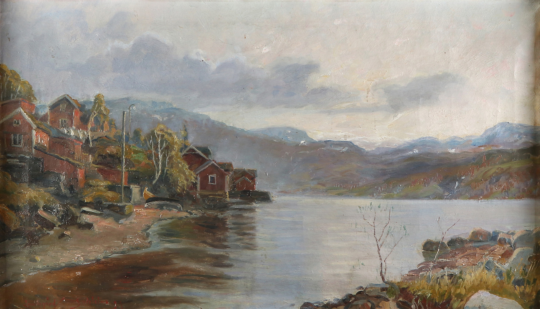 JUSTUS LUNDEGÅRD. Oljemålning på duk. Fjordlandskap. Signerad och otydligt betitlad.