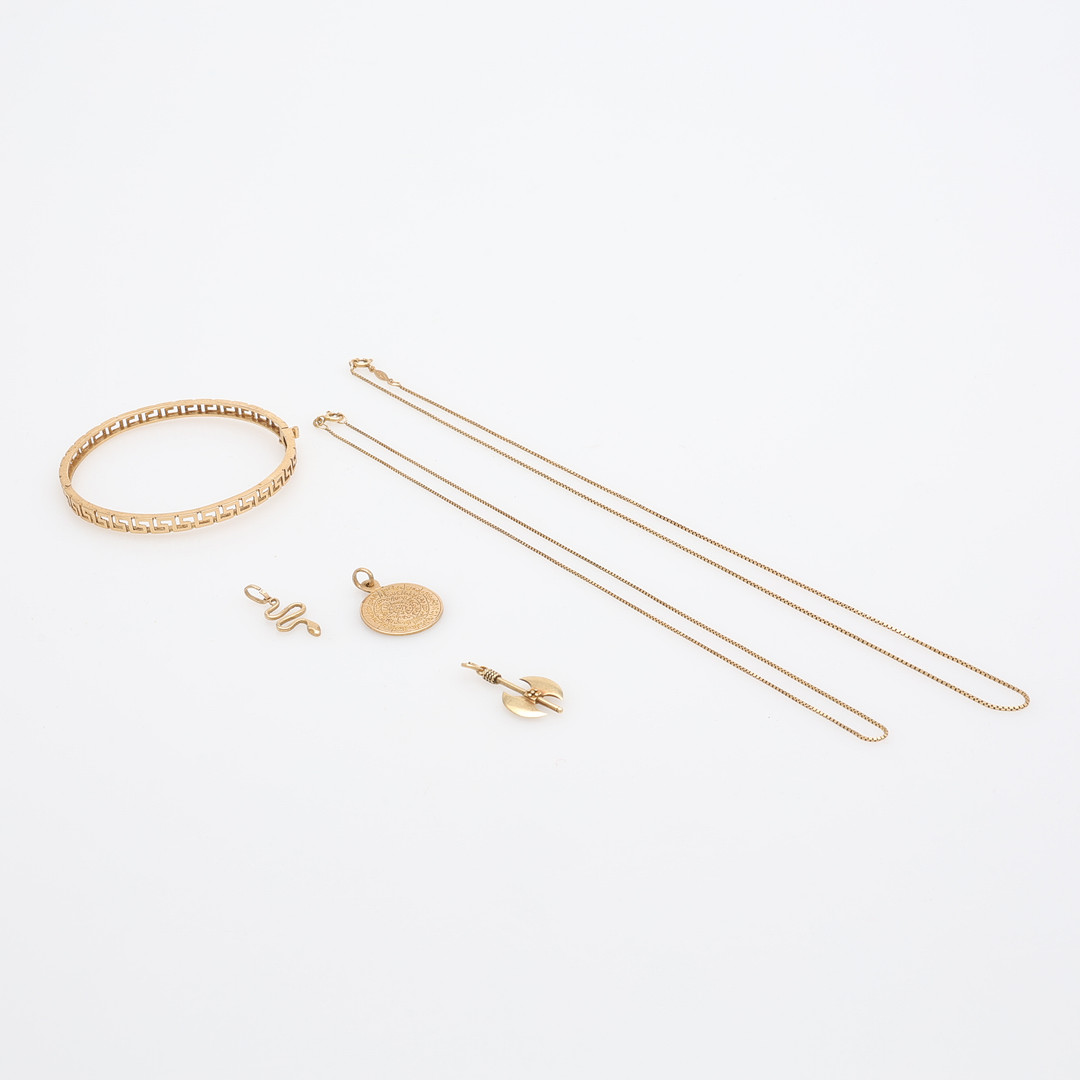 SMYCKEN, 6 STYCKEN, 14K GULD, TOTAL VIKT CA 22,8 GRAM.