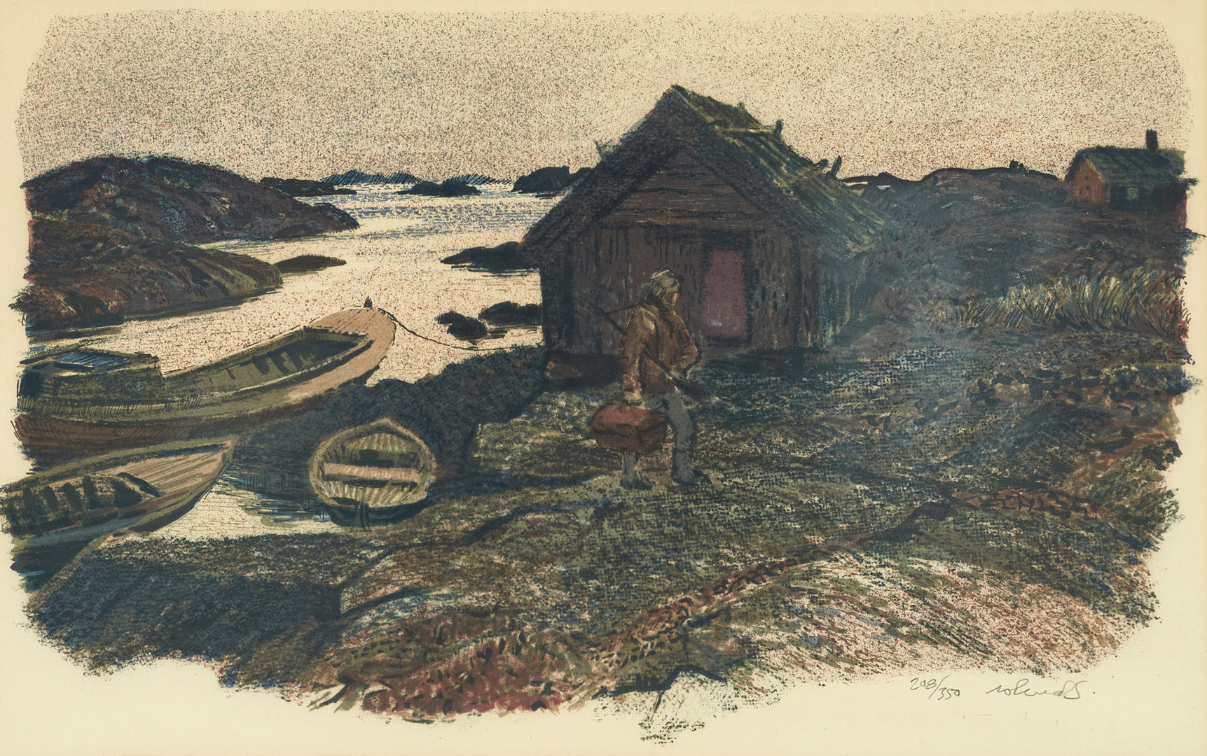 ROLAND SVENSSON (1910-2003). "Vårjakt", (Vår i utskärgård"), signerad och numrerad roland S. 208/350, färglitografi.