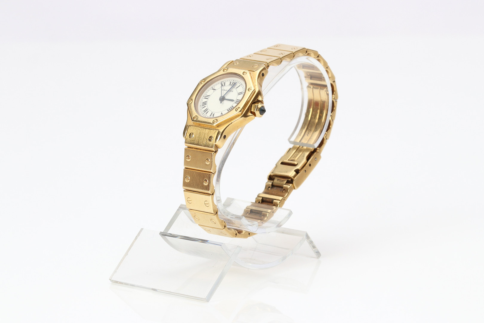CARTIER "SANTOS" OCTAGON AUTOMATIC, DAMARMBANDSUR. Boett och länk i 18k guld.