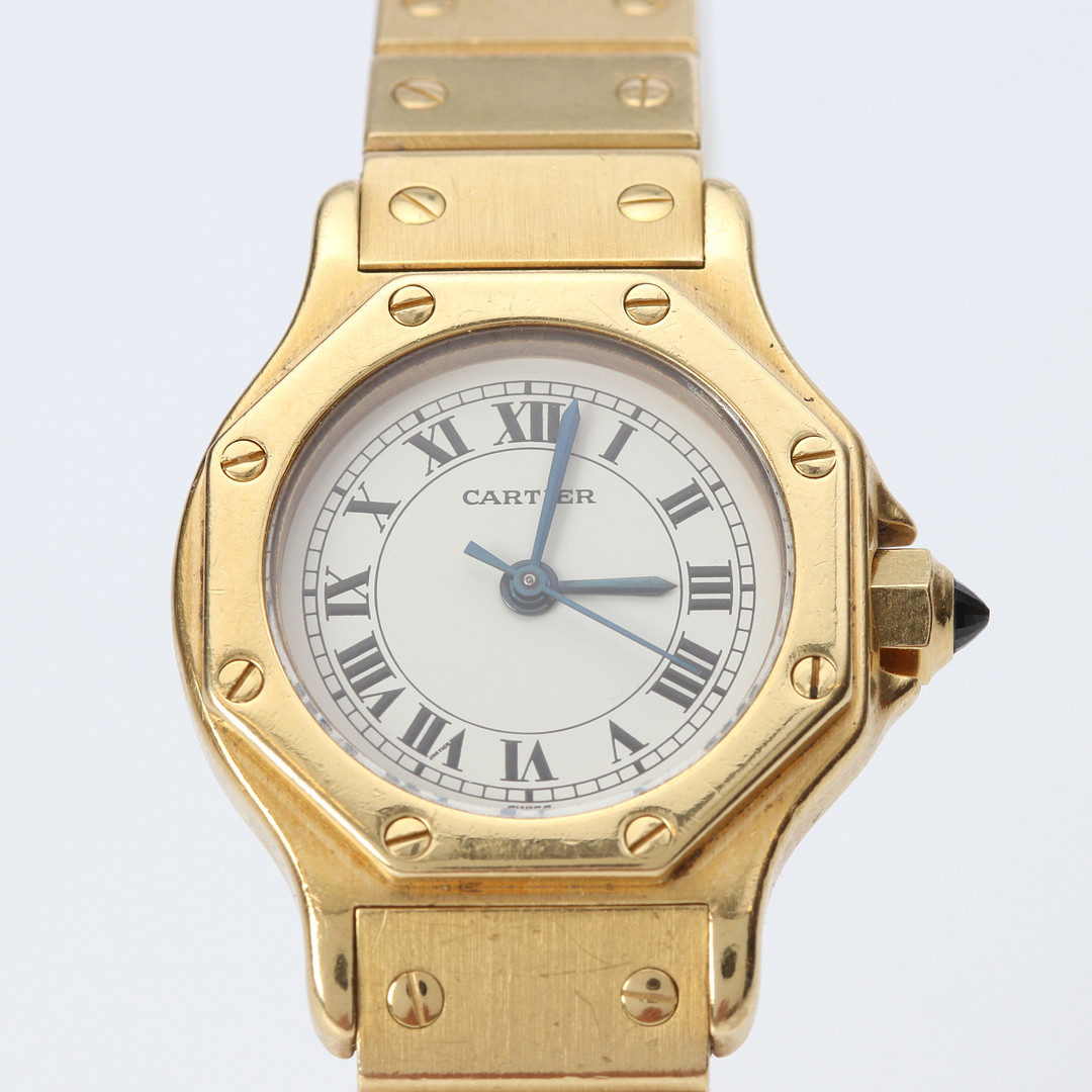 CARTIER "SANTOS" OCTAGON AUTOMATIC, DAMARMBANDSUR. Boett och länk i 18k guld.