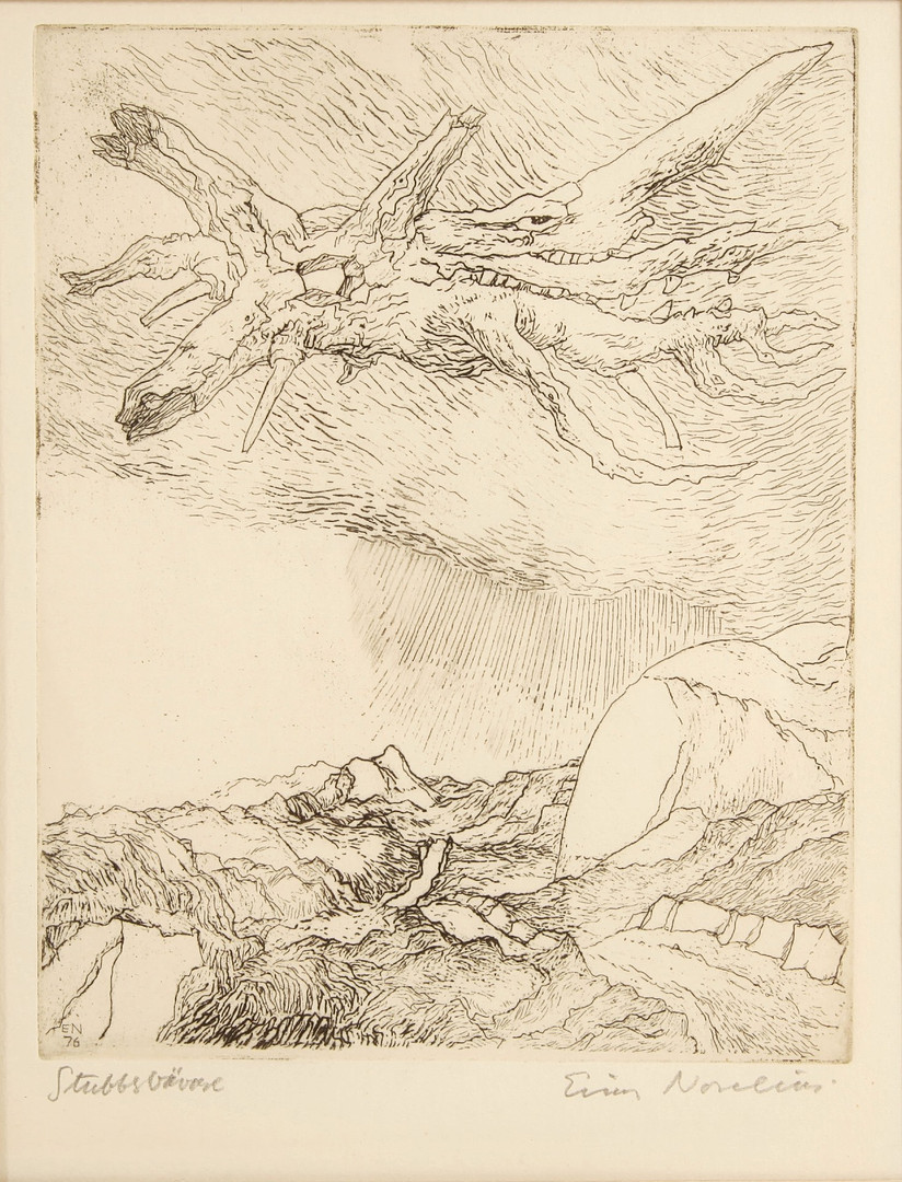 EINAR NORELIUS. 1900-1985. Etsning, "Stubbsvävare", signerad.