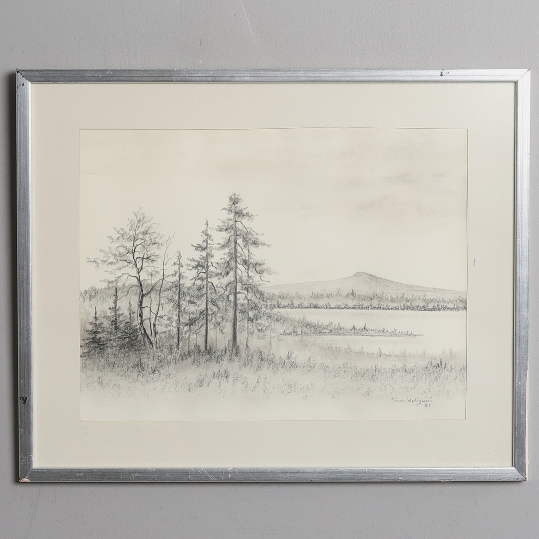 EINAR WALLQUIST. Teckning, "Landksapsvy", signerad och daterad 81.