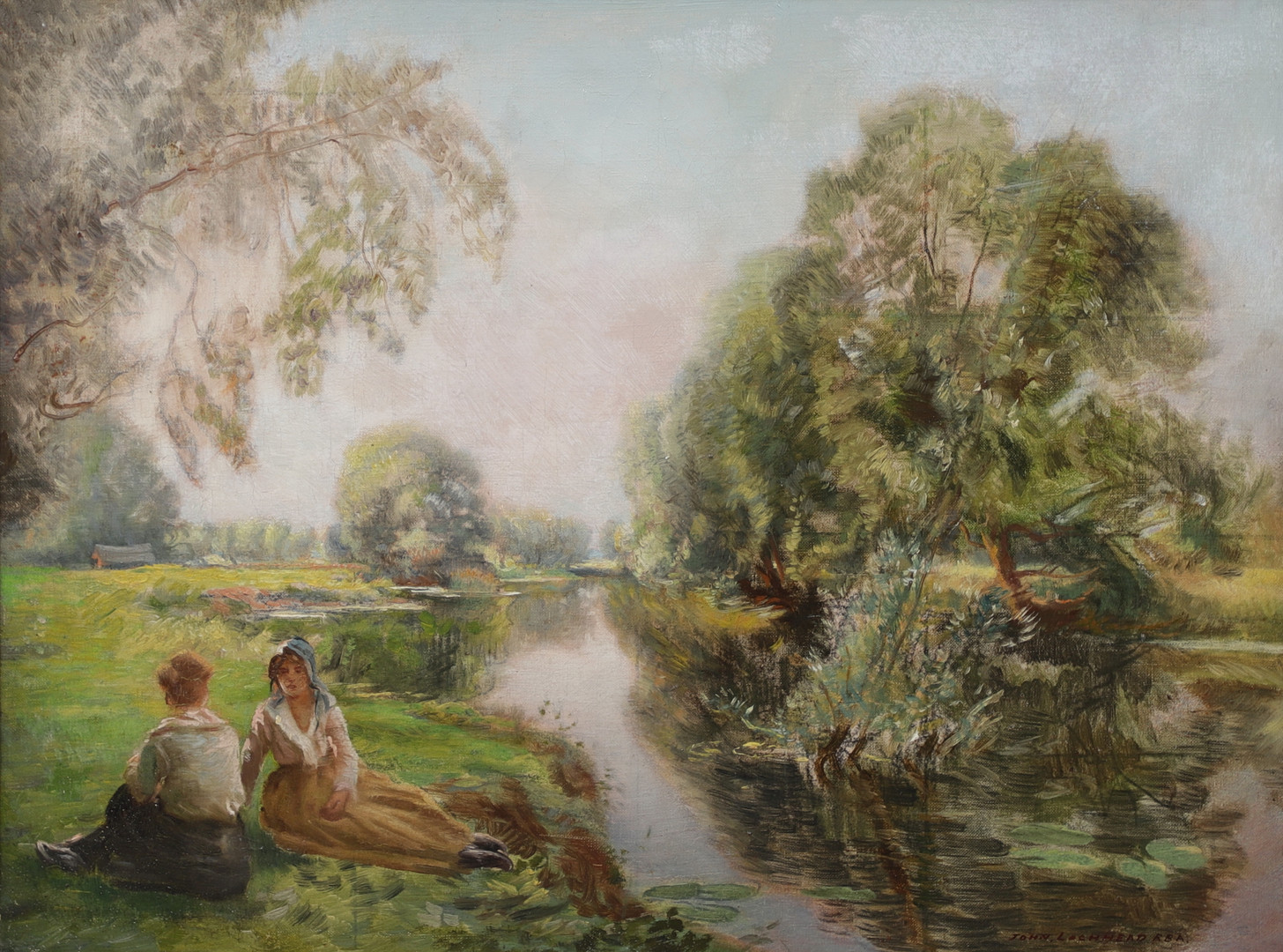 JOHN LOCHHEAD. "A river idyll". Olja på duk, signerad.