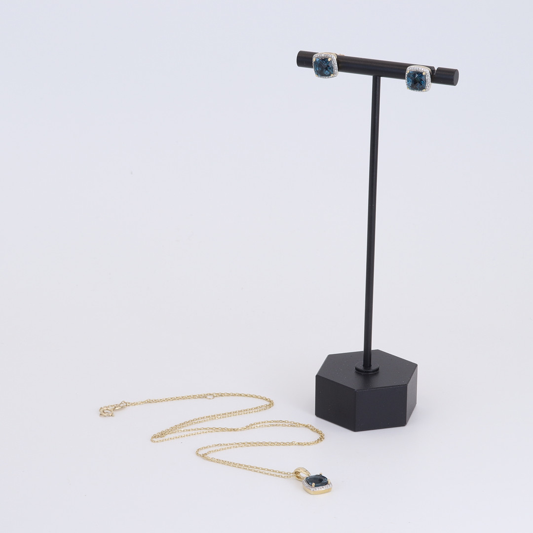 SET OF 9CT GOLD DIAMOND & TOPAZ NECKLACE & EARRINGS.