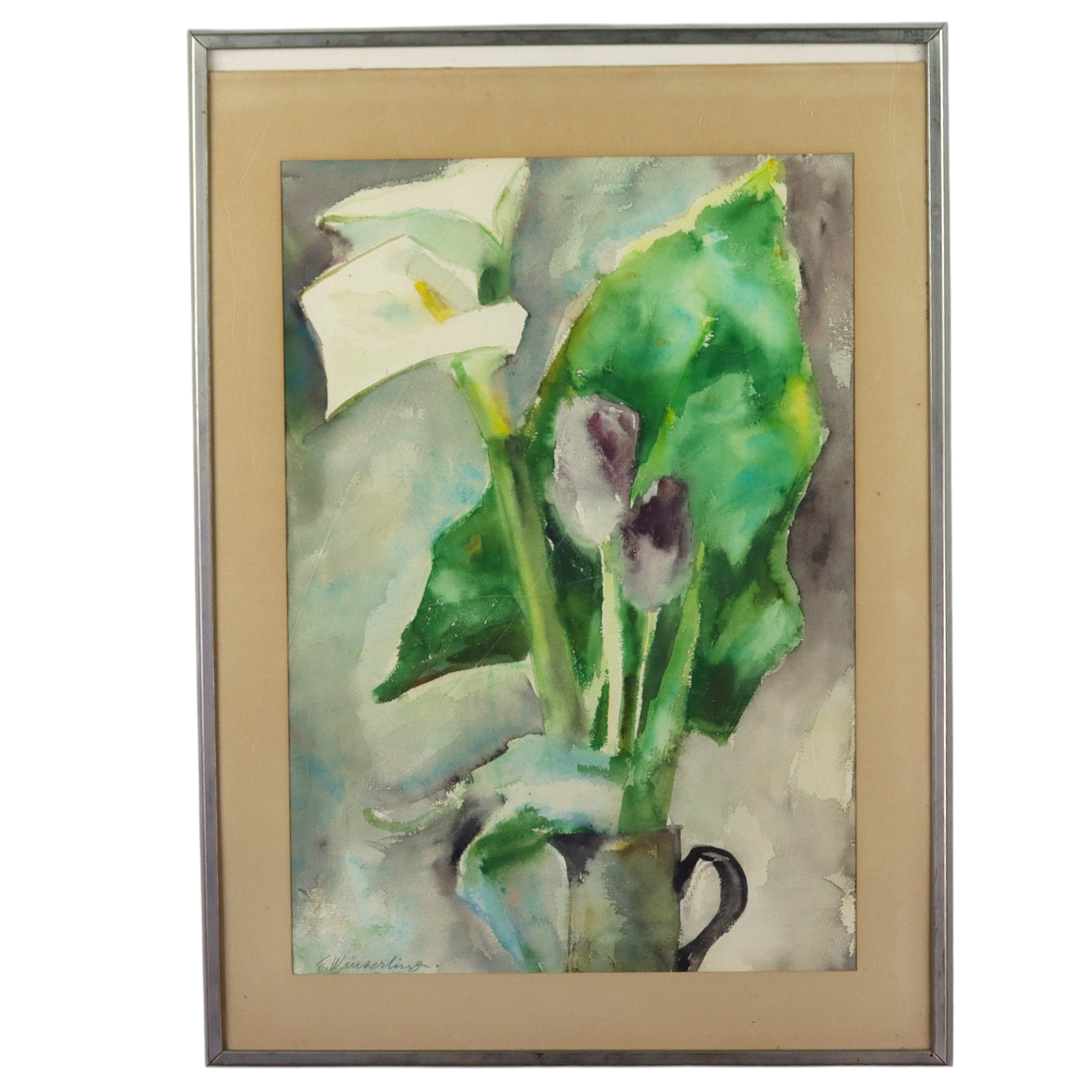 ELLA WINZERLING (1889-1969). Akvarell, stilleben med liljor, signerad.
