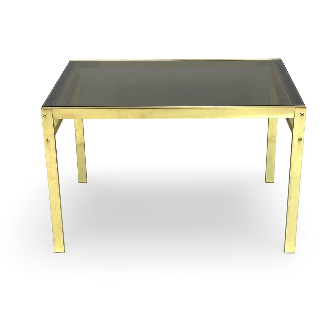 SIDOBORD, gulmetall med rökfärgad glasskiva.