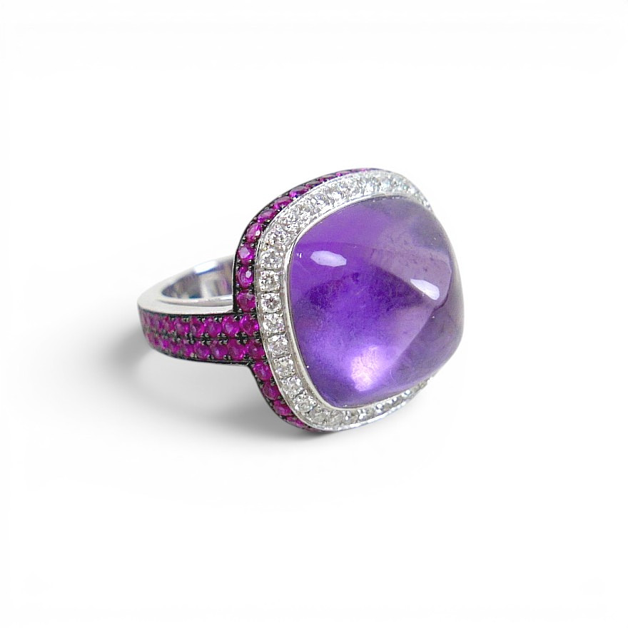 SIFANI 18CT WHITE GOLD, DIAMOND, PINK SAPPHIRE AND AMETHYST RING.