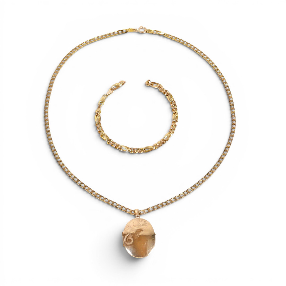 9CT GOLD NECKLACE, BRACELET, LOCKET.