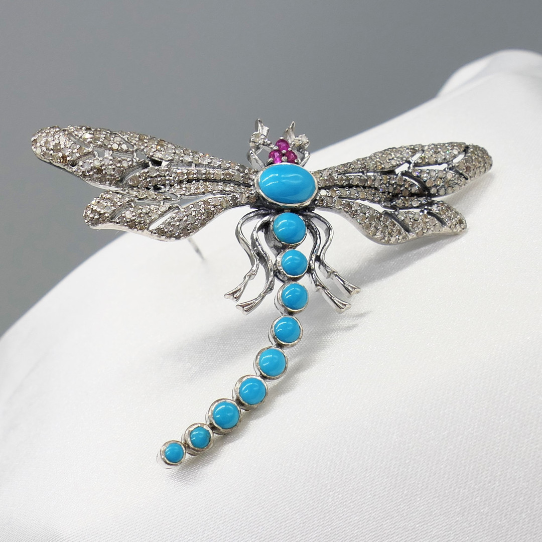 TURQUOISE & DIAMOND dragonfly brooch.