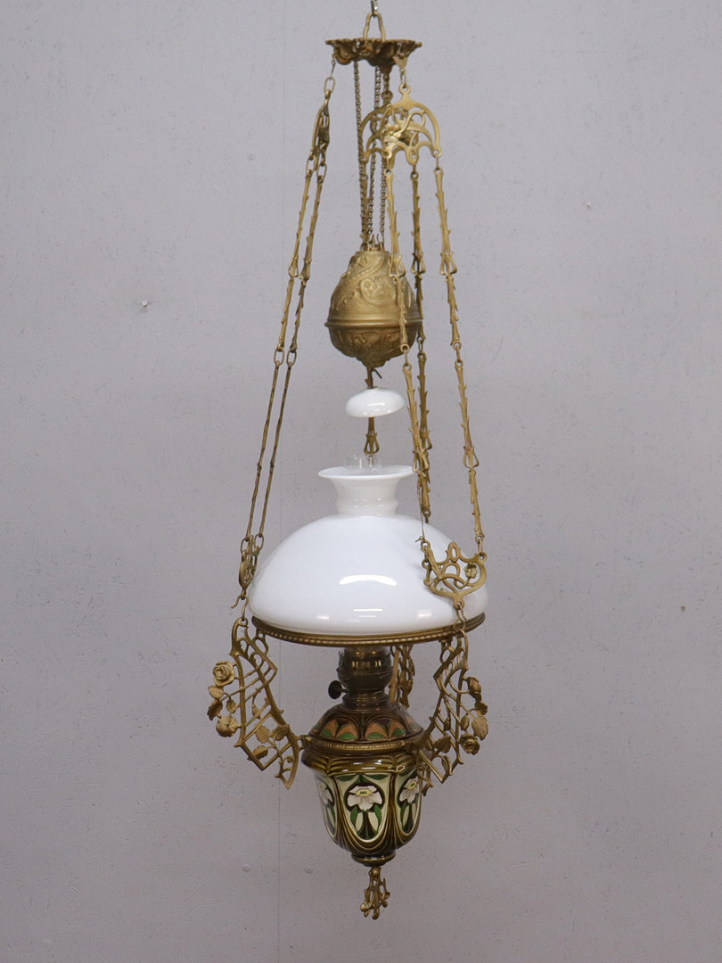 HÄNGFOTOGENLAMPA, majolika, jugend, sekelskiftet 1900.