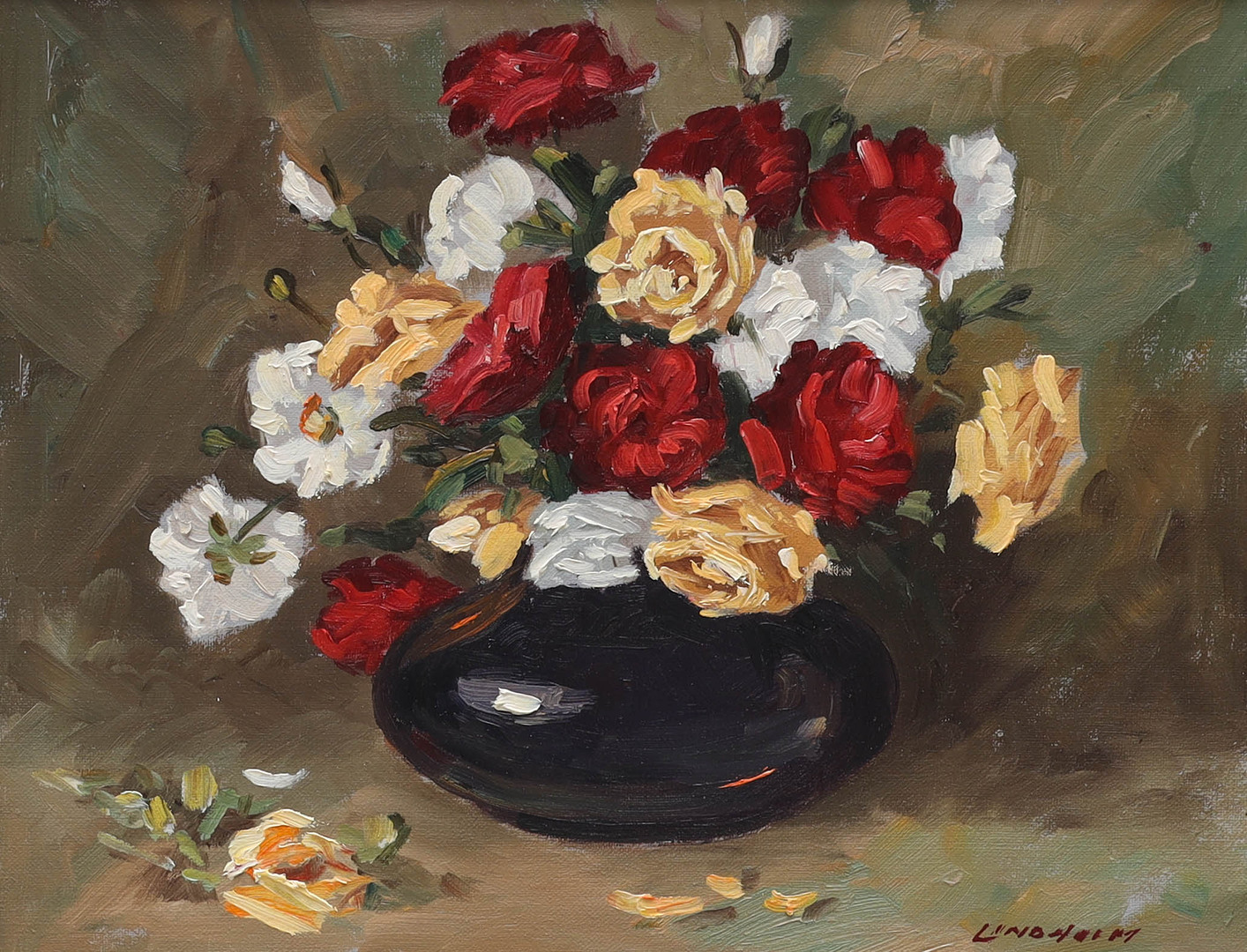 HELGE LINDHOLM (1922-1996). olja på duk, "Blomsterstilleben", signerad med Lindholm, a tergo daterad -77.