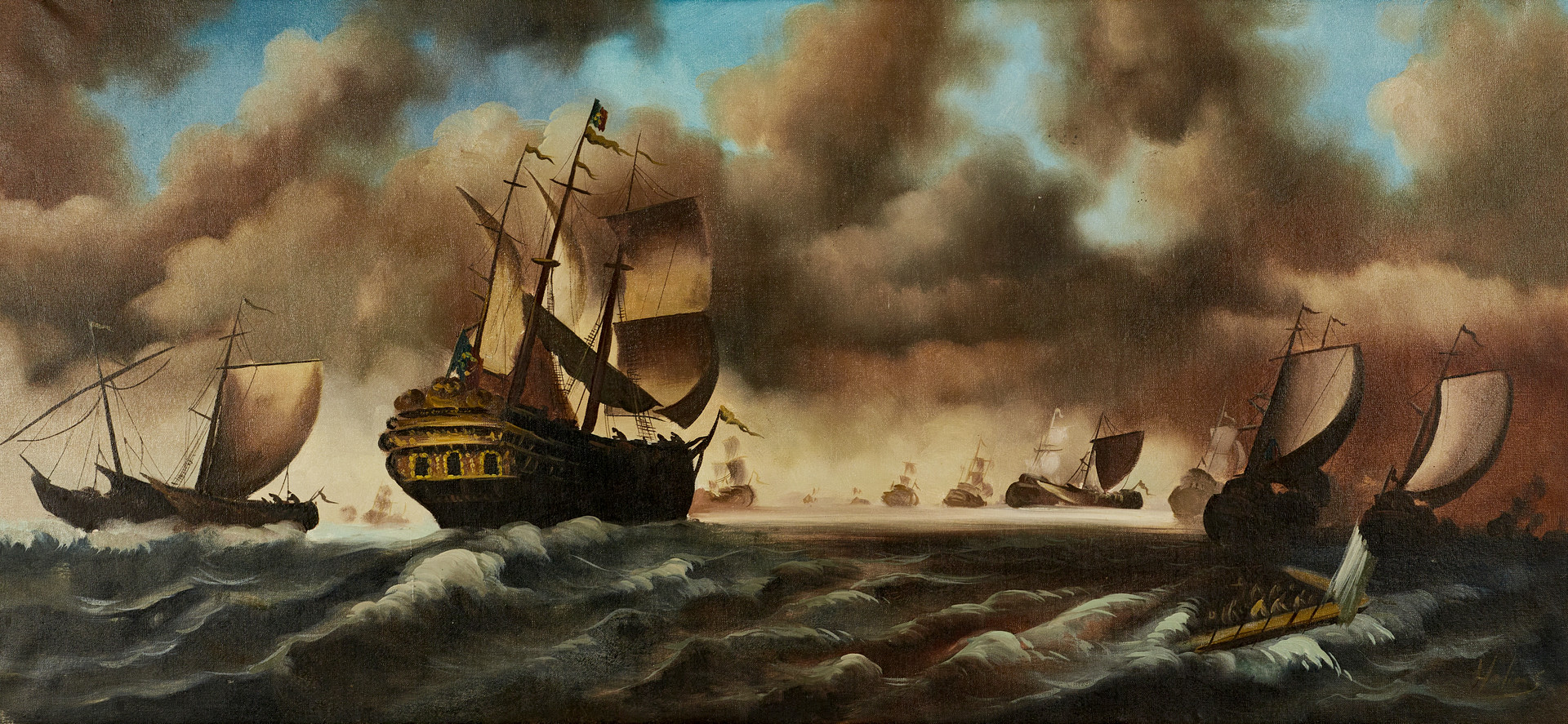 HELIOS GISBERT. Dramatik på öppet hav, signerad Helios, olja på duk.