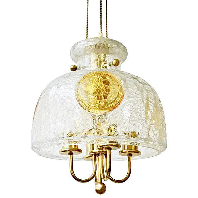 ITALIENISCHE HÄNGELAMPE, MURANOGLAS UND MESSING, VERGOLDET, UM 1970.