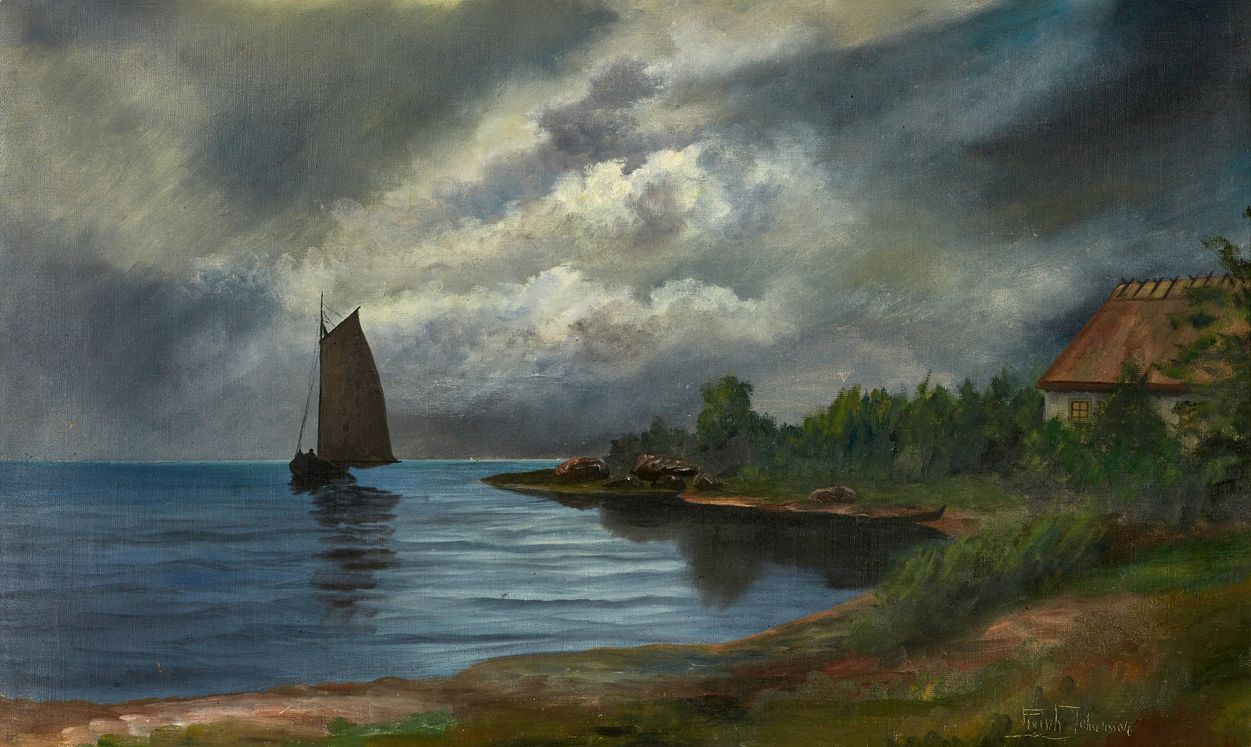 REINHOLD JOHANSSON (1892-1952). Segelbåt vid strandkant, signerad, olja på duk.