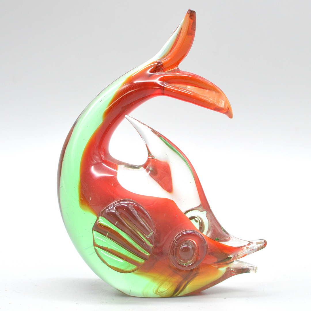 ARCHIMEDE SEGUSO. MURANO GLAS SKULPTUR, FISCH, SOMERSO, DREIFARBIG, ITALIEN, UM 1950.