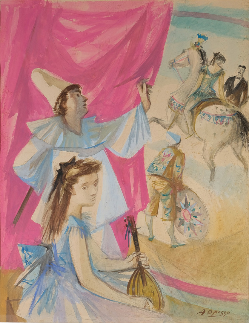 ALFREDO OPISSO. Escena circense. Gouache y acuarela sobre papel.