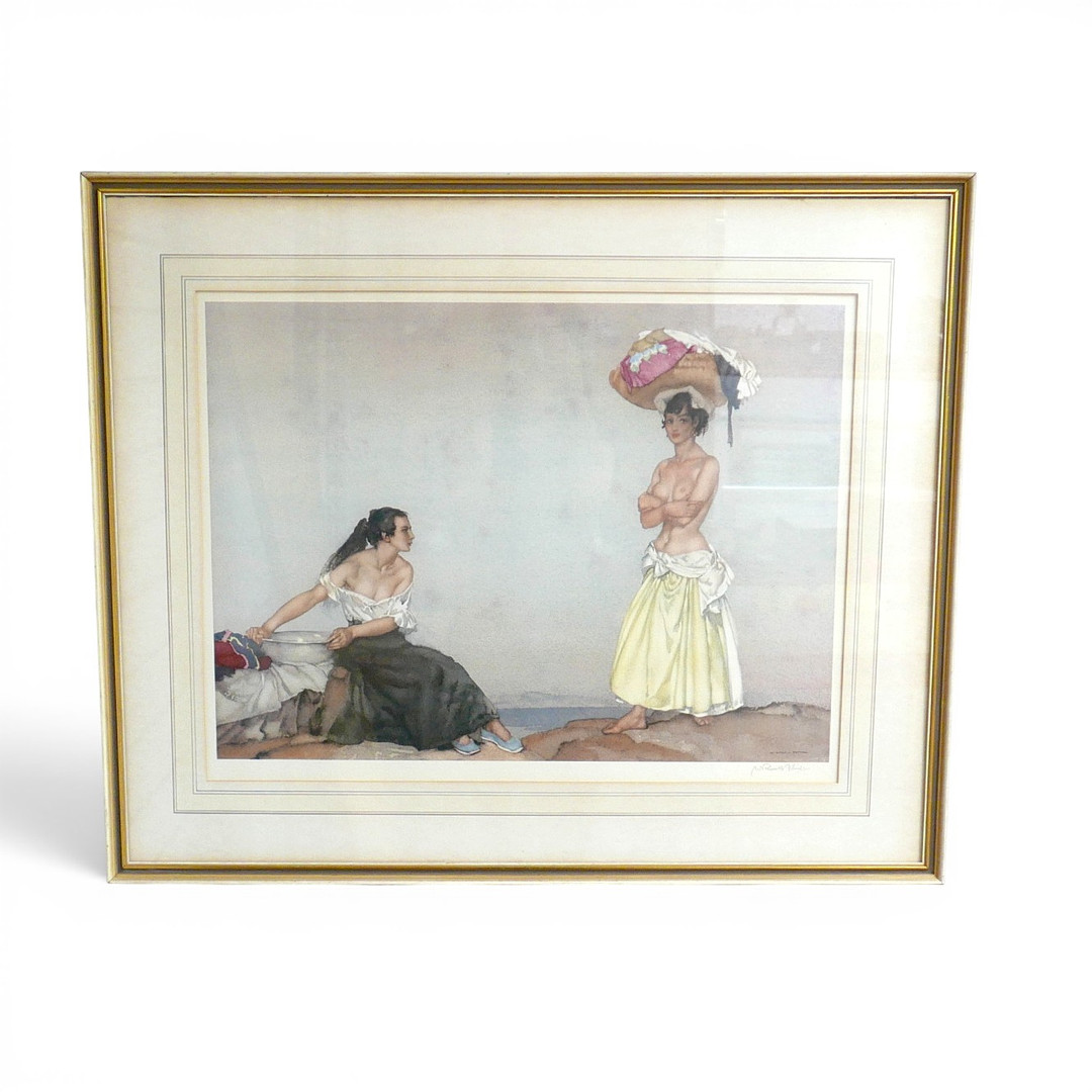AFTER SIR WILLIAM RUSSELL FLINT. 'ROSA AND MARISSA' COLOUR PRINT, SIGNED.