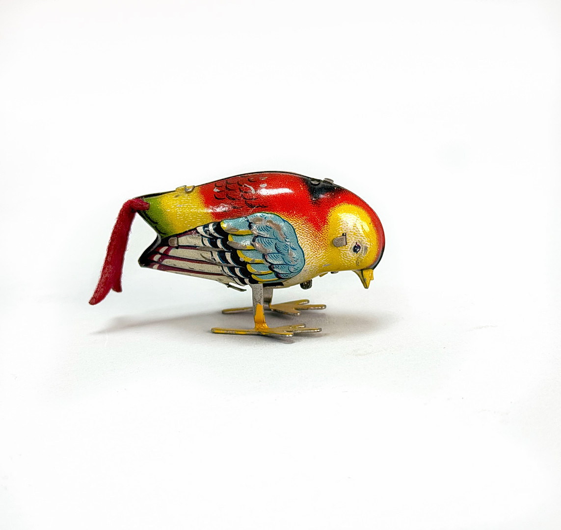 LEKSAKSFÅGEL, plåt, DRGM Picking Peck, Made in Germany 1900 talets första hälft.