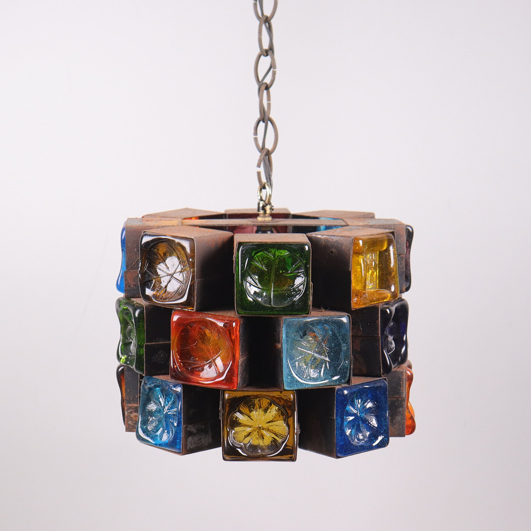 FELIPE DELFINGER. brutalistisk pendellampa, glas och metall, Feders, Mexiko, 1970-tal.