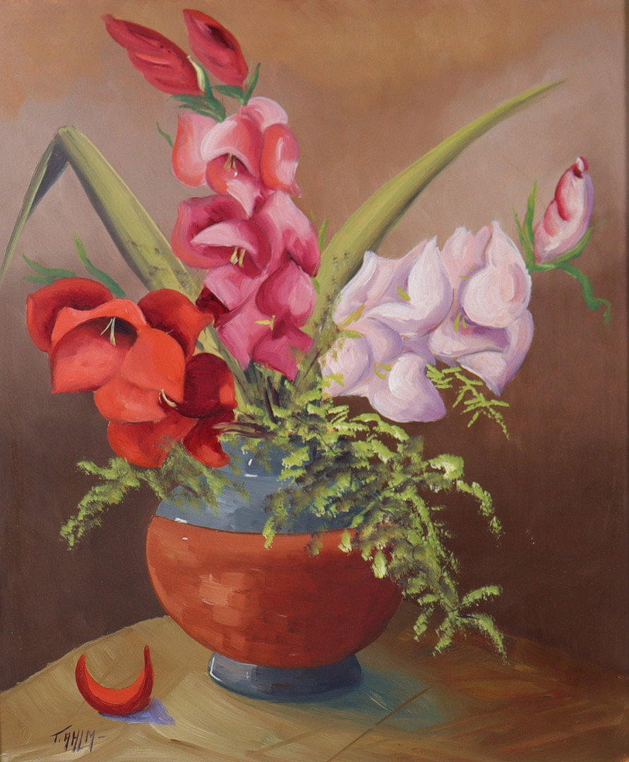 TAGE RUDOLF  AHLM. olja på pannå, blomsterstilleben.