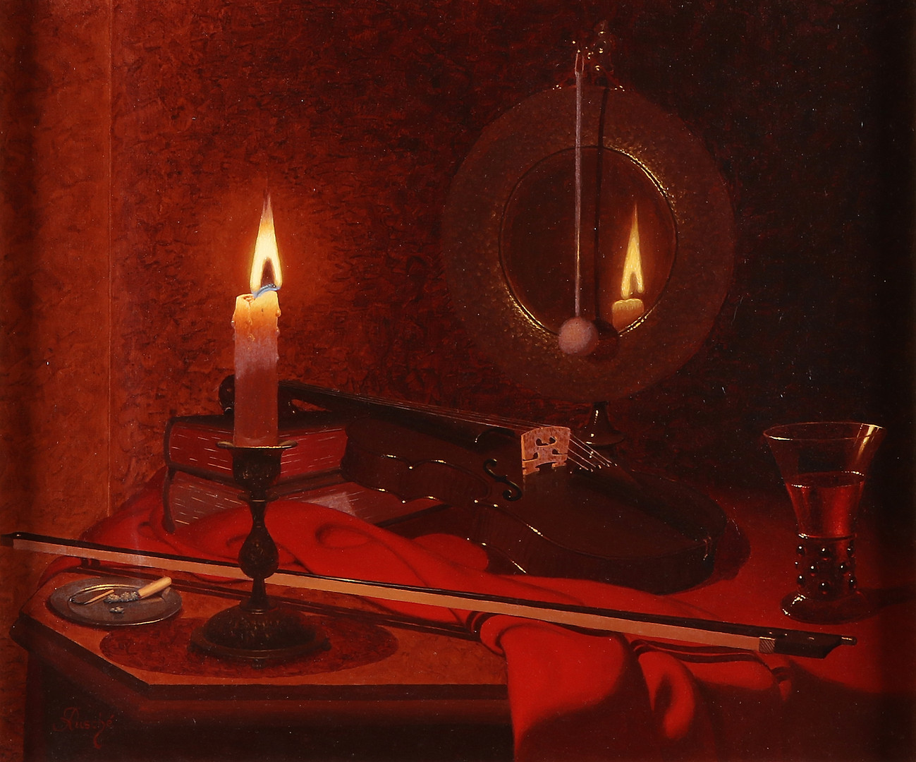 MORITZ RUSCHÉ (1888-1969). Oljemålning på duk. Signerad. Stilleben med fiol och ljus.