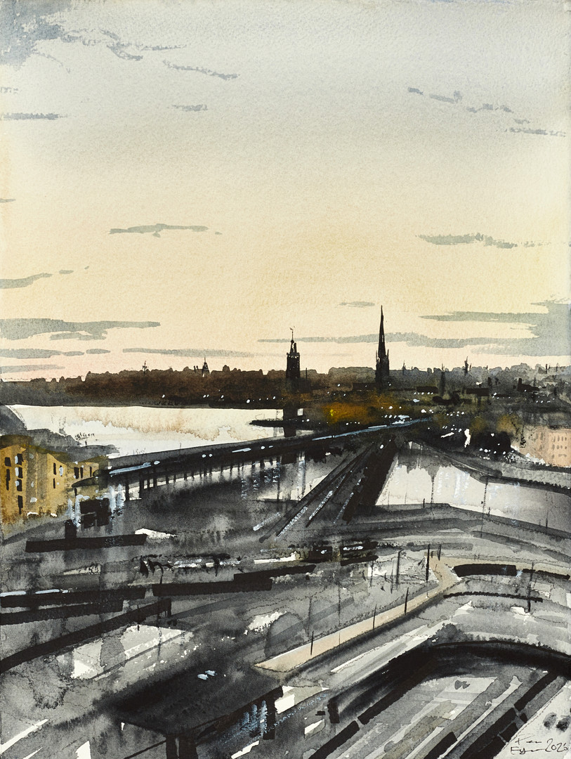 PETER EUGÉN (Sverige, född 1978), Slussen - Stockholm i aftonrodnad, signerad och daterad 2026, akvarell.