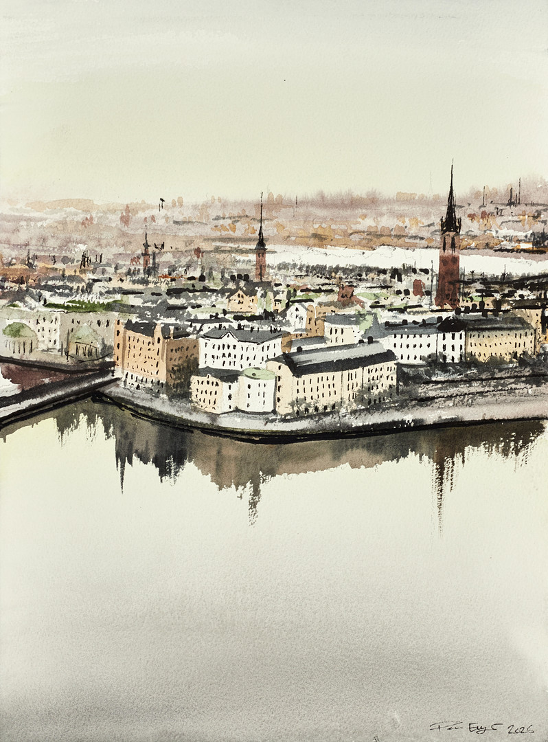 PETER EUGÉN (Sverige, född 1978), Riddarholmen - Stockholm i gråväder, signerad och daterad 2026, akvarell.