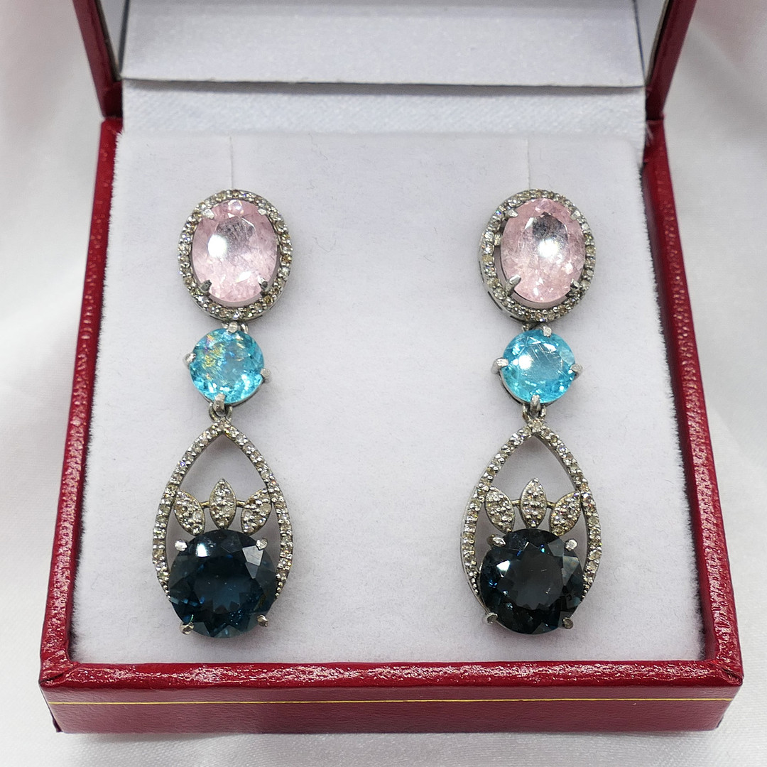 TOURMALINE, APATITE & DIAMOND drop earrings.