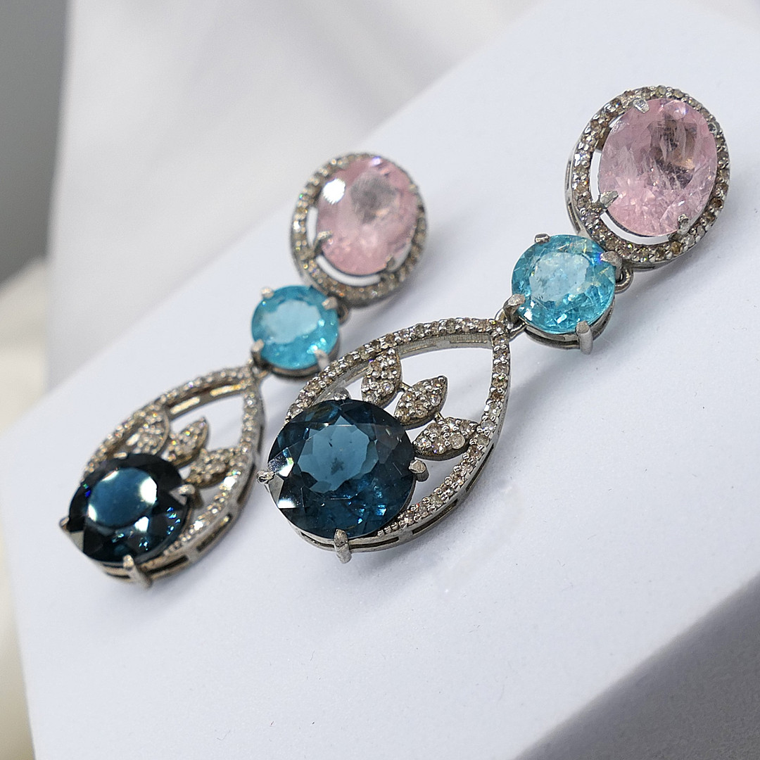 TOURMALINE, APATITE & DIAMOND drop earrings.